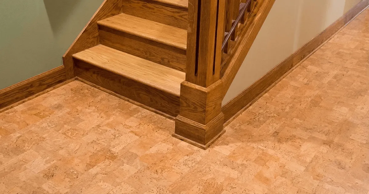 End of a staircase with cork flooring in Anchorage, AK